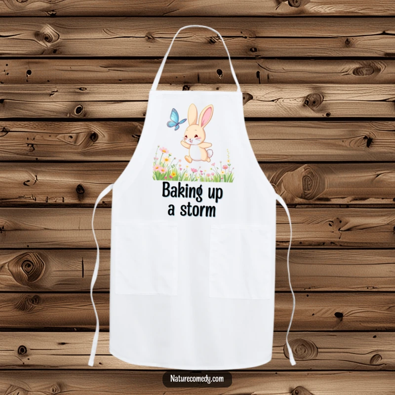 Funny bouncing bunny apron, chasing a shimmering butterfly through a meadow of wildflowers, a charming and functional kitchen accessory.