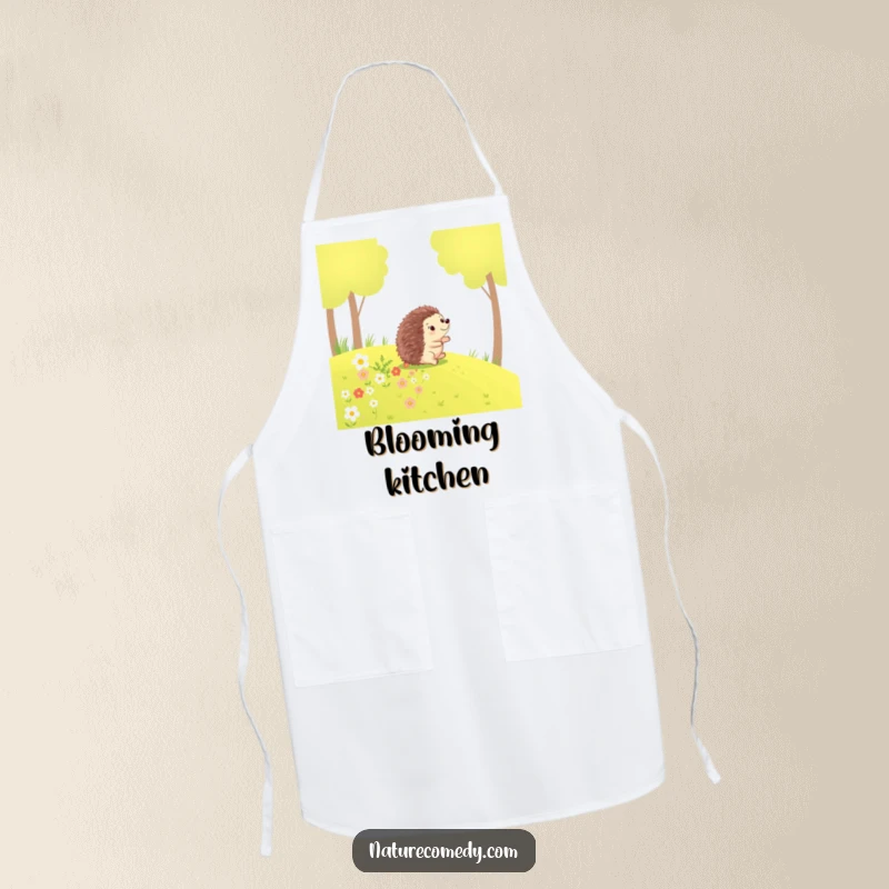Funny hedgehog apron, a happy hedgehog rolling down a grassy hill, leaving a trail of flowers, perfect for chefs.