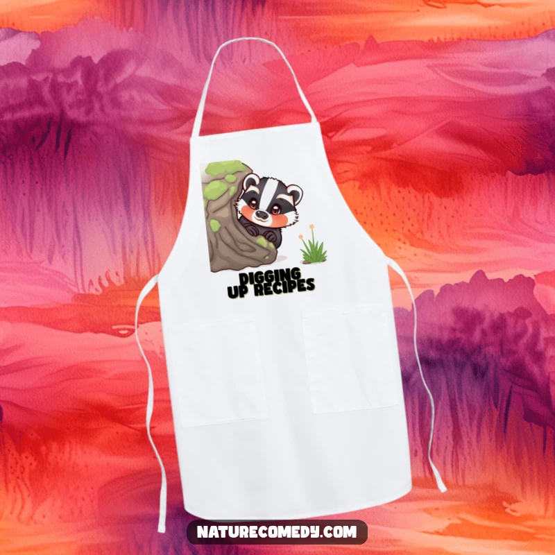 Funny curious badger apron, peeking from behind a mossy log, eyes wide with wonder, a functional and charming kitchen accessory.