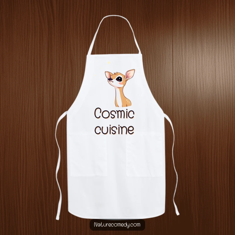 Funny fawn apron, a curious fawn looking up at a sky filled with shimmering stars, perfect for culinary adventures.