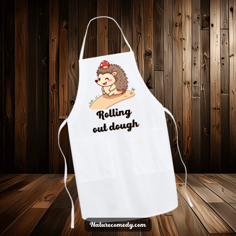 Funny smiling hedgehog apron, rolling downhill with a small mushroom cap, a functional and charming kitchen accessory.