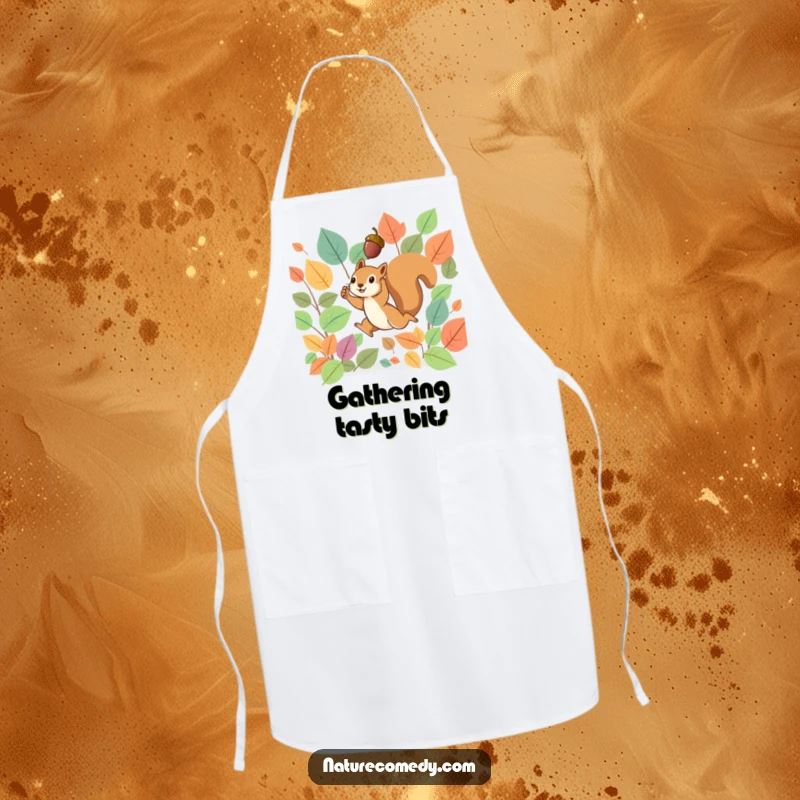 Funny apron depicting a tiny squirrel leaping through vibrant autumn leaves, proudly holding a small acorn aloft, ready for kitchen tasks.