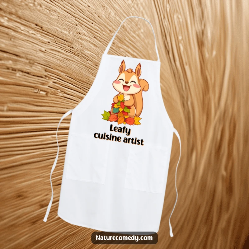 Funny squirrel apron, a grinning squirrel impressively balancing a stack of autumn leaves, ideal for culinary adventures.