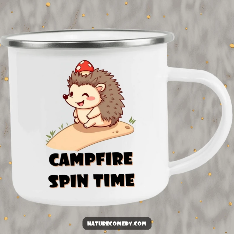 Funny smiling hedgehog camping mug, rolling downhill with a small mushroom cap, durable and charming for all your adventures.