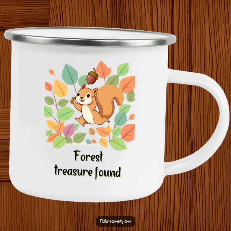 Funny camping mug with a tiny squirrel leaping through vibrant autumn leaves, holding a small acorn aloft in an outdoor setting.