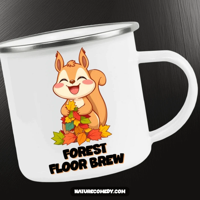 Funny squirrel camping mug, a grinning squirrel balancing autumn leaves, ready for campfire coffee.