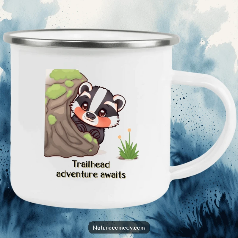 Funny curious badger camping mug, peeking from behind a mossy log, eyes wide with wonder, durable and charming for outdoor use.