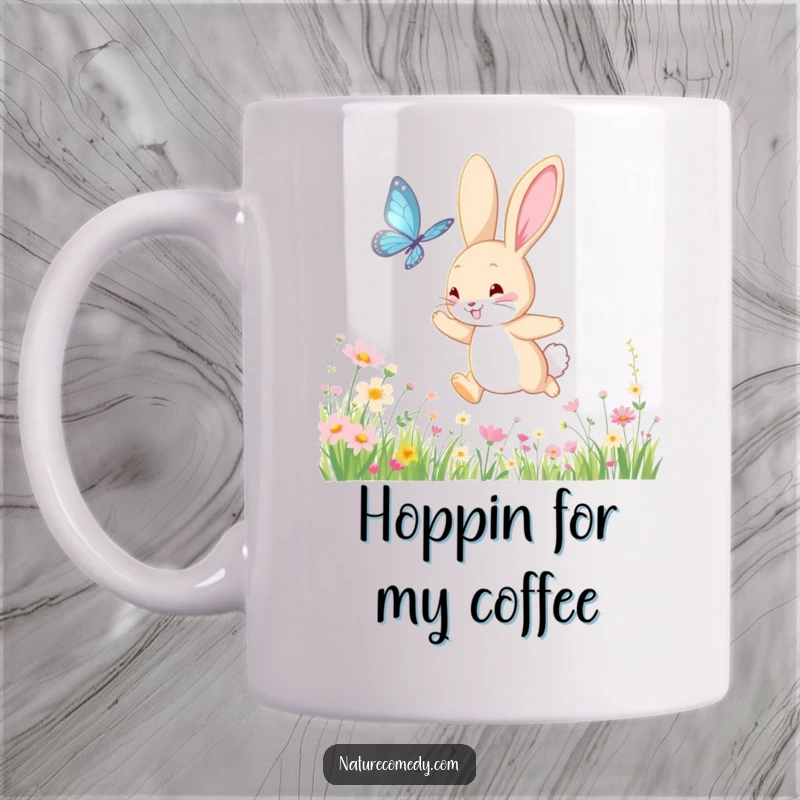 Funny bouncing bunny mug, chasing a shimmering butterfly through a meadow of wildflowers, capturing pure joy and playful energy.
