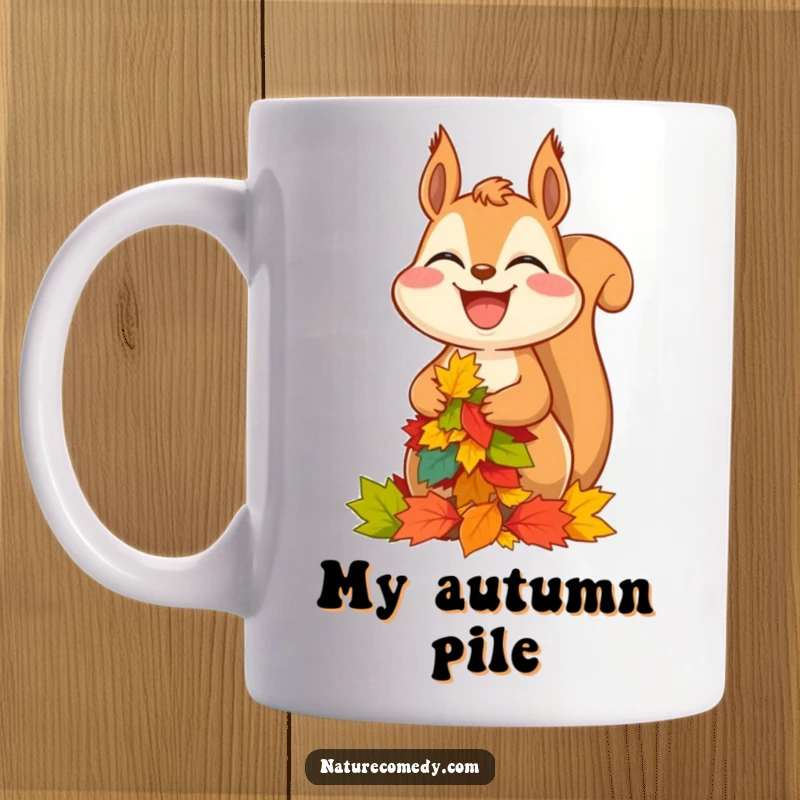 Funny squirrel mug with a huge grin, expertly balancing a tall stack of colorful autumn leaves, bringing woodland humor.