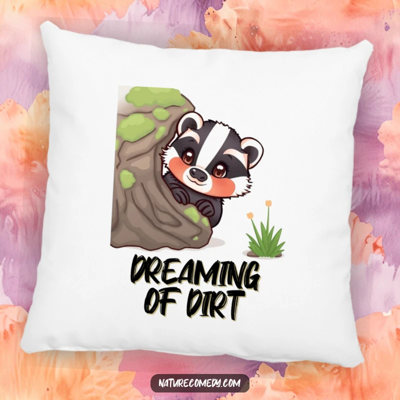Funny curious badger pillow, peeking from behind a mossy log, eyes wide with wonder, a soft and decorative accent piece.