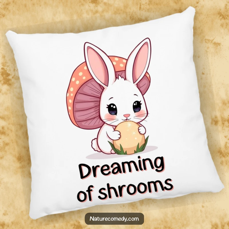 Funny bunny pillow, featuring a curious bunny sniffing a sparkling mushroom, soft and enchanting.