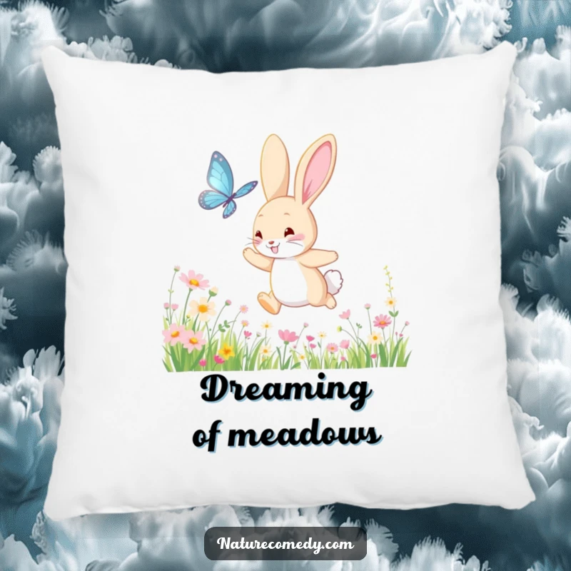 Funny bouncing bunny pillow, chasing a shimmering butterfly through a meadow of wildflowers, a soft and decorative accent for any room.