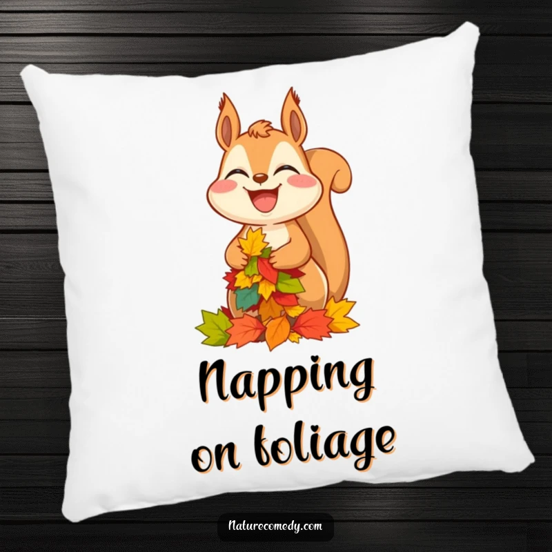 Funny squirrel pillow, featuring a happy squirrel balancing a tall stack of colorful autumn leaves, plush and amusing.