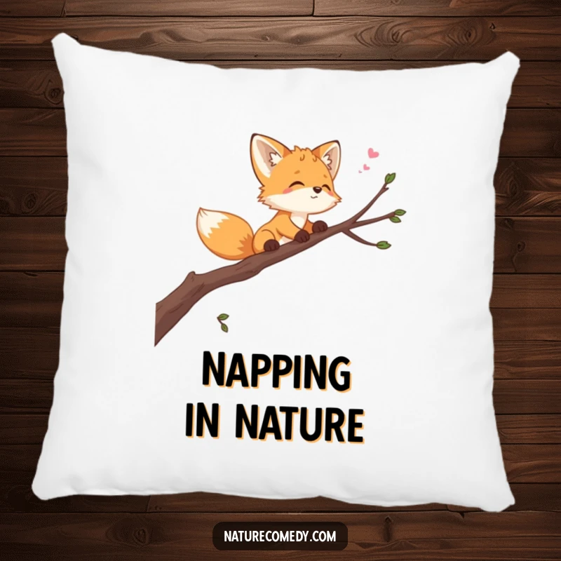 Funny playful fox cub pillow, balancing on a swaying branch, looking at the sky, a soft and decorative accent for ultimate comfort.