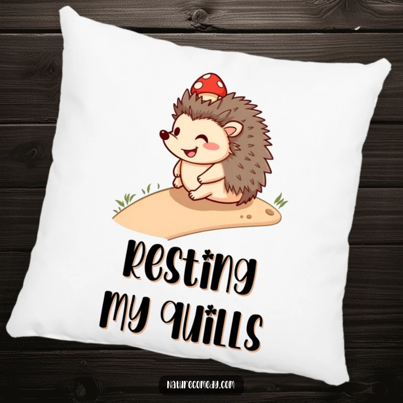 Funny smiling hedgehog pillow, rolling downhill with a small mushroom cap, a soft and decorative accent for ultimate comfort.