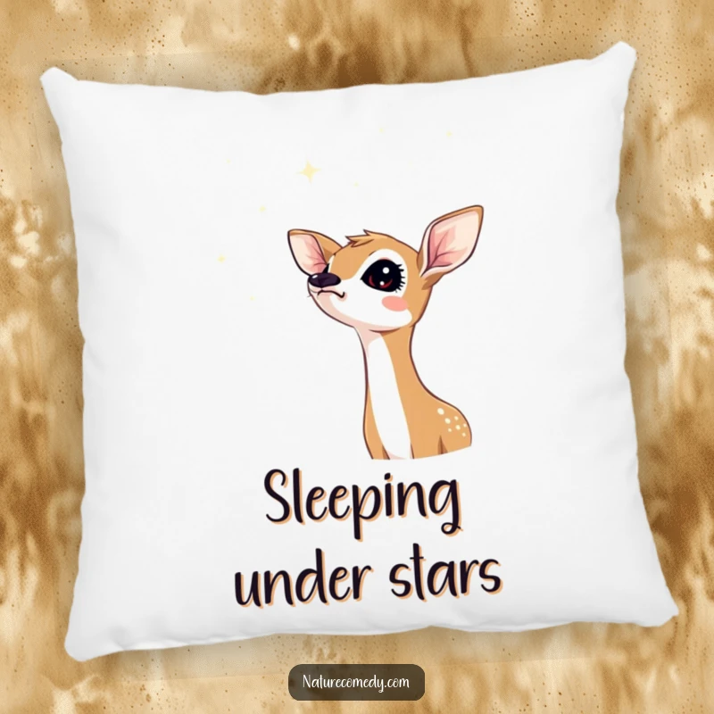 Funny fawn pillow, featuring a curious fawn looking up at a sky of shimmering stars, soft and dreamy.