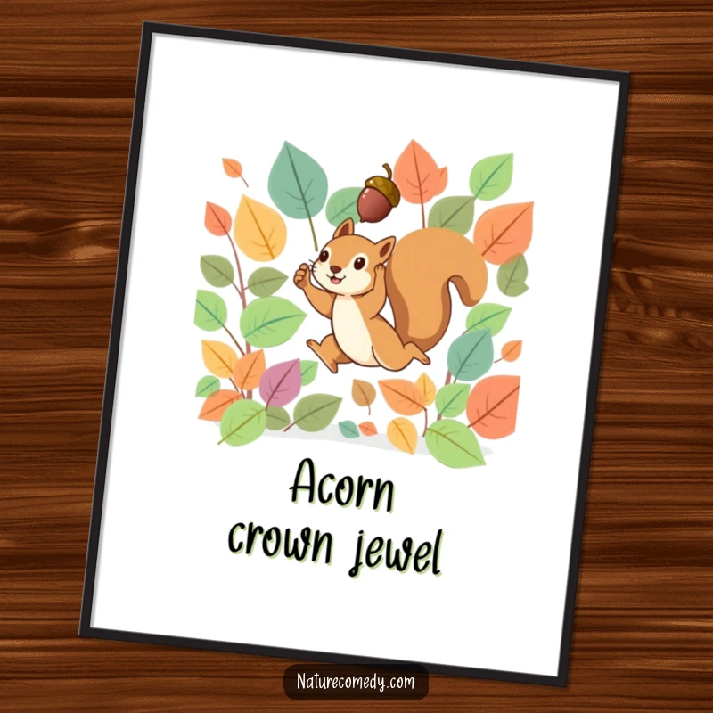 Funny digital art print of a tiny squirrel energetically leaping through a swirl of vibrant autumn leaves, holding a small acorn aloft.