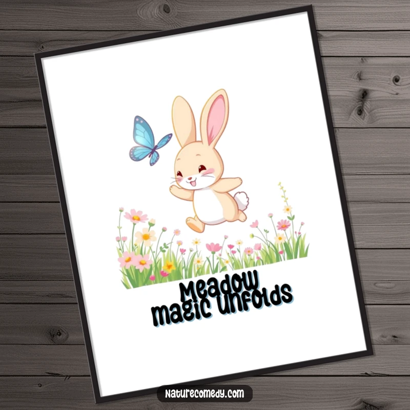 Funny bouncing bunny digital art, chasing a shimmering butterfly through a meadow of wildflowers, downloadable art for instant vibrant decor.