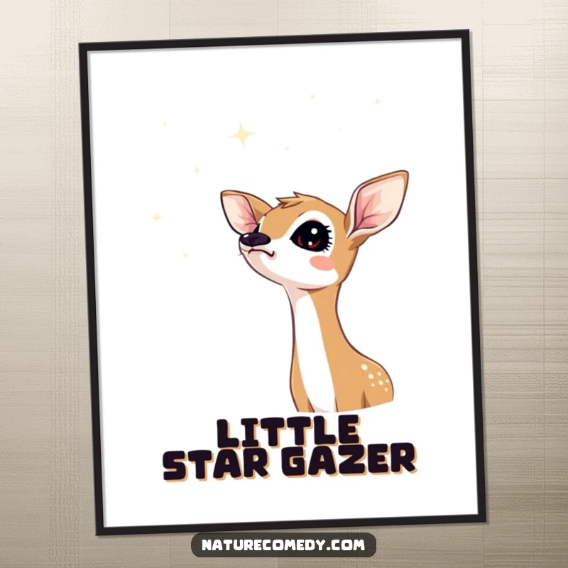 Funny fawn digital art print, a curious fawn with head tilted, looking up at a sky filled with shimmering stars.