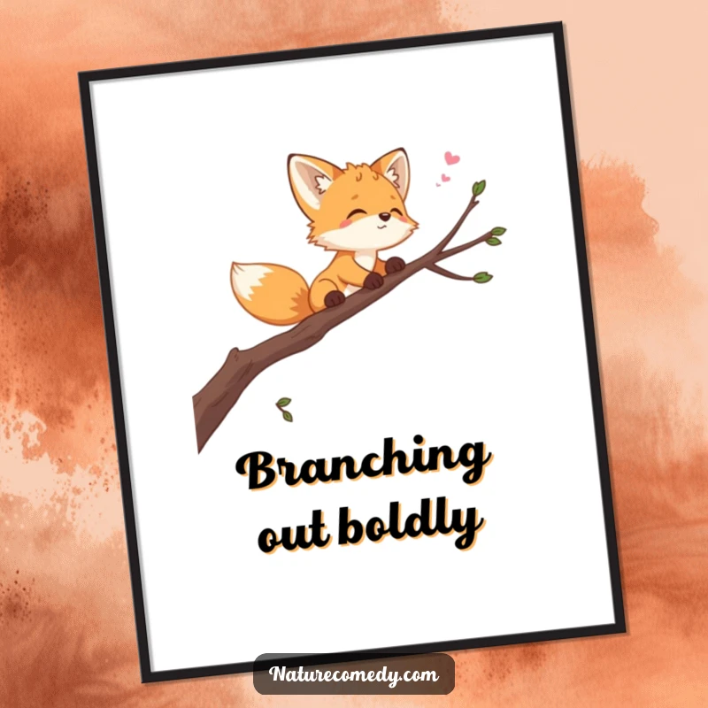 Funny playful fox cub digital art, balancing on a swaying branch, looking at the sky, downloadable art for instant whimsical decor.