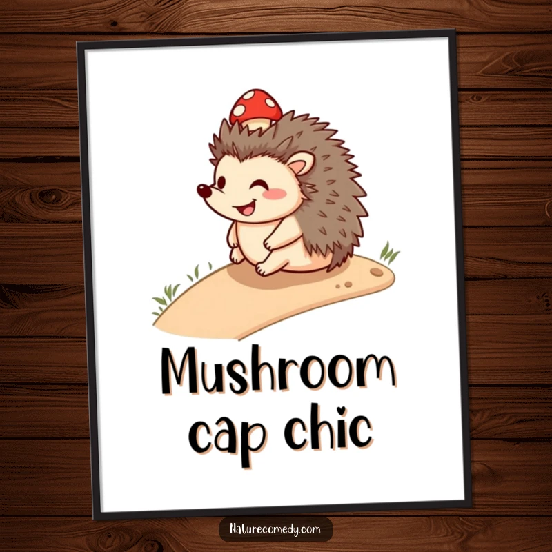 Funny smiling hedgehog digital art, rolling downhill with a small mushroom cap, downloadable art for instant cheerful decor.