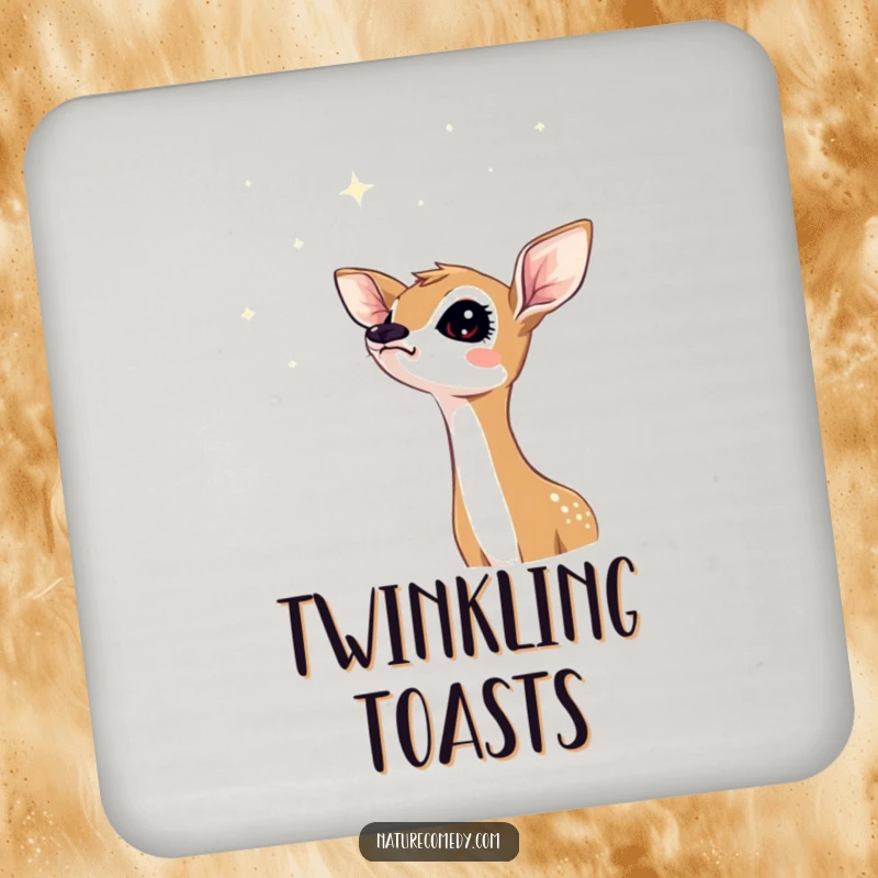 Funny fawn drink coaster, a curious fawn looking up at a sky of shimmering stars, protecting surfaces.