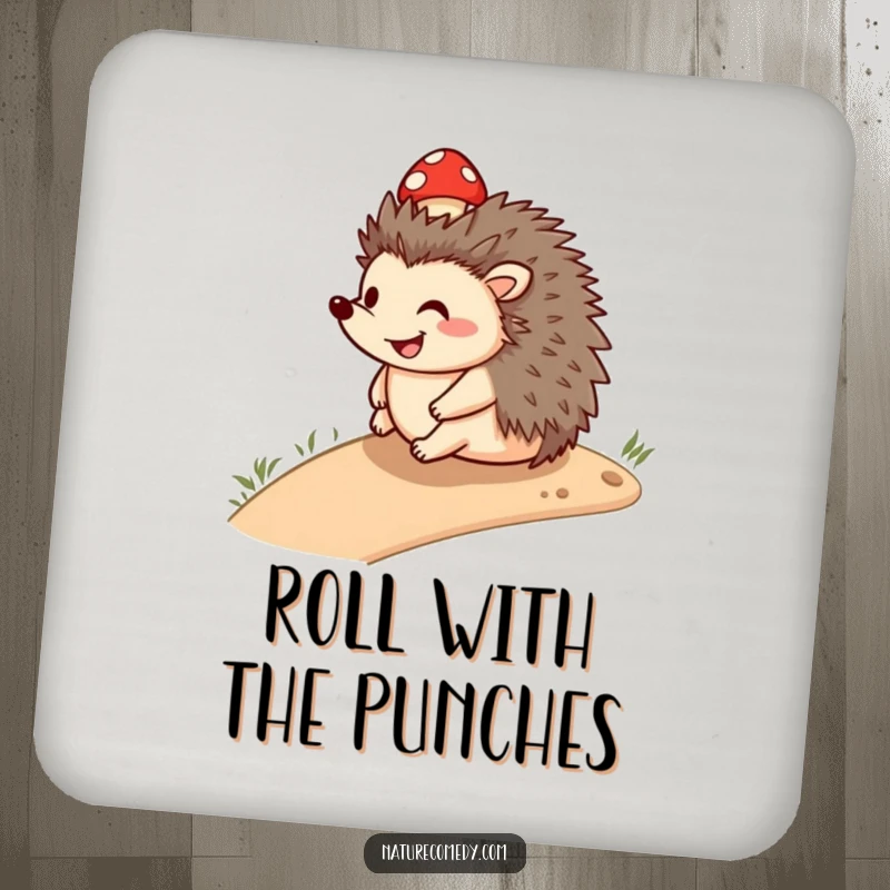 Funny smiling hedgehog coasters, rolling downhill with a small mushroom cap, adding cheerful woodland charm to any surface.