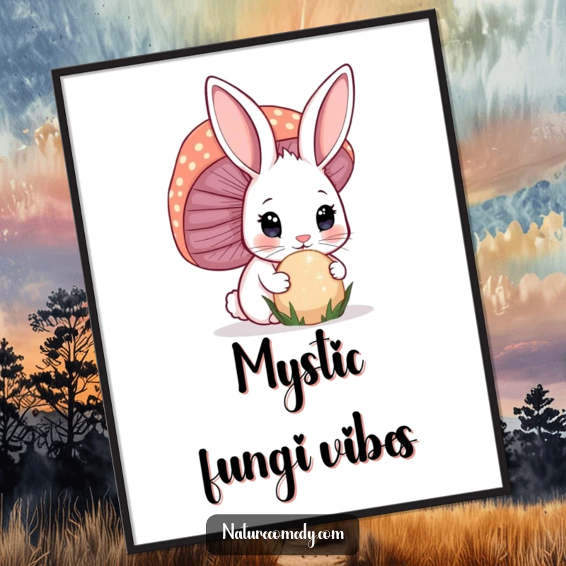 Funny bunny poster, curious bunny with wide eyes sniffing a giant, sparkling mushroom, creating a magical atmosphere.