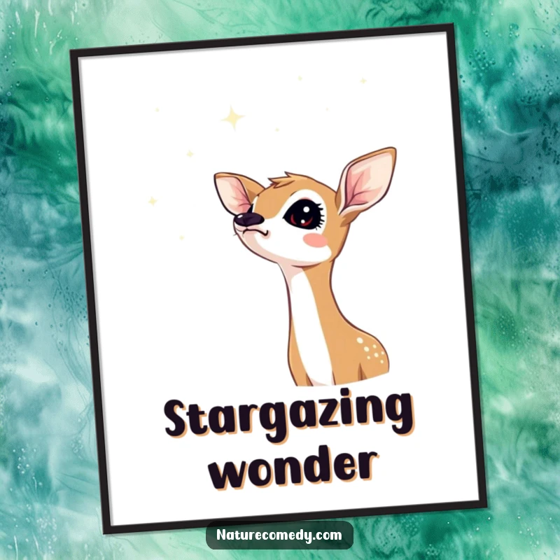 Funny fawn poster, a curious fawn with head tilted, looking up at a vast sky filled with shimmering stars.