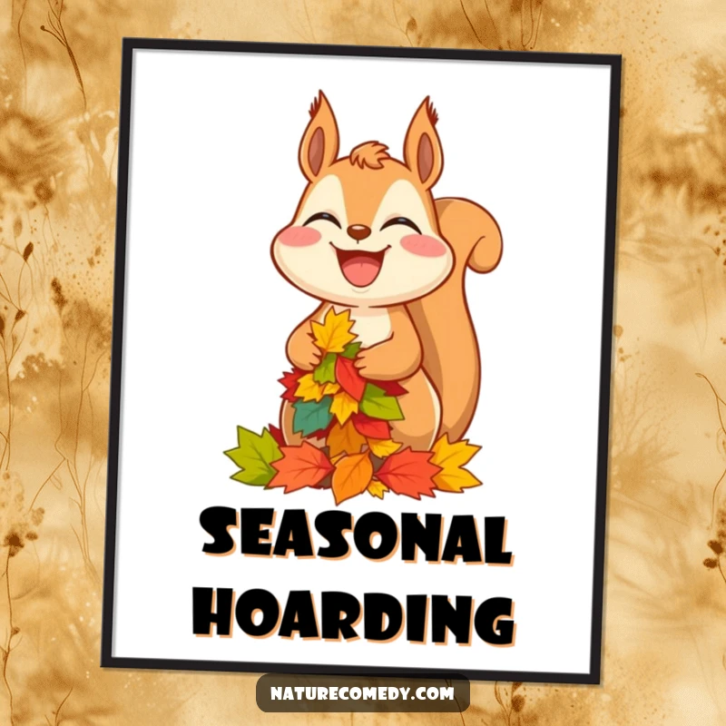 Funny squirrel poster, wide-grinning squirrel balancing a huge stack of colorful autumn leaves, bringing vibrant forest humor.