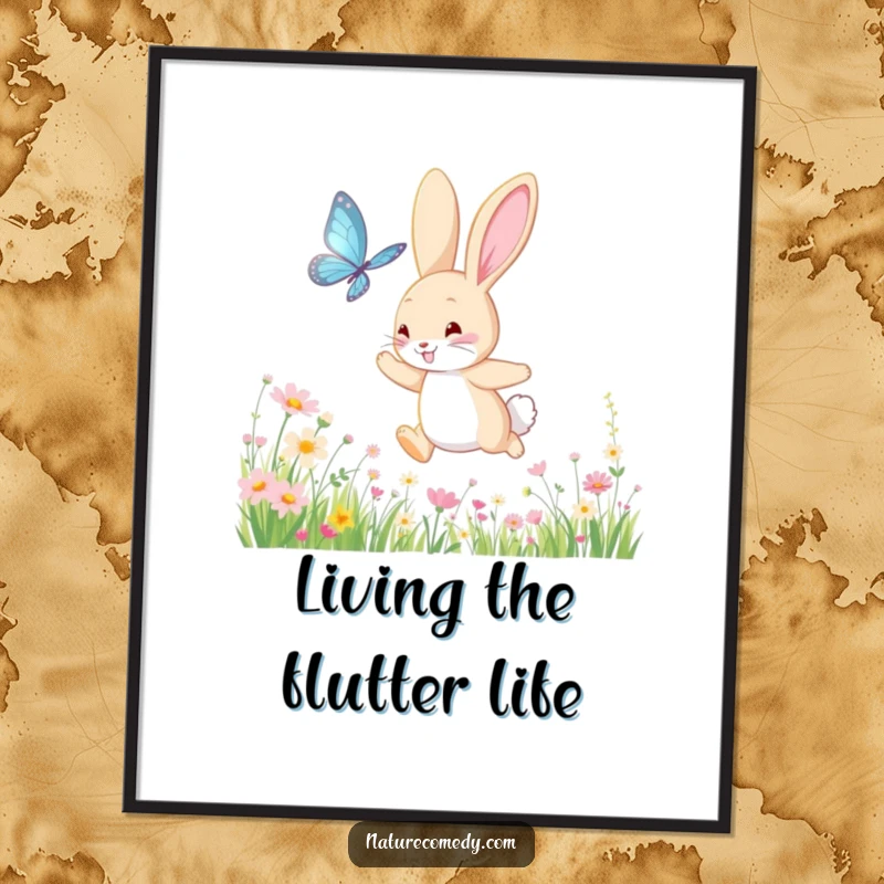 Funny bouncing bunny poster, chasing a shimmering butterfly through a meadow of wildflowers, a vibrant and joyful piece of wall art.