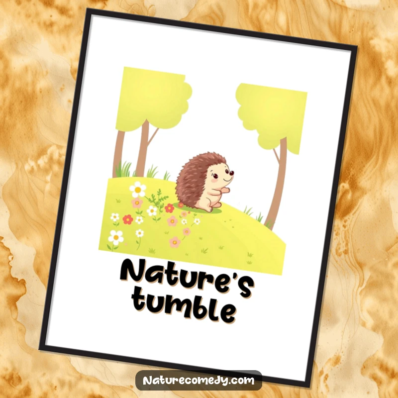 Funny hedgehog poster, a happy little hedgehog rolling down a grassy hill, leaving a vibrant trail of flowers.