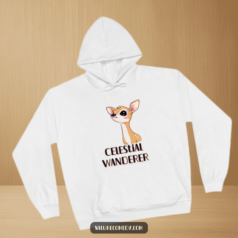 Funny fawn hoodie, depicting a curious fawn looking up at a sky filled with shimmering stars, evoking wonder.