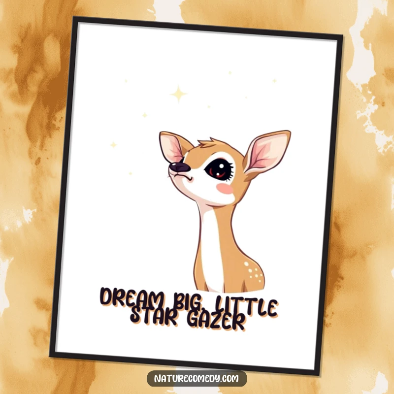 Funny Free Printable Wall Art: A curious deer fawn with head tilted, gazing up at a sky filled with shimmering stars.