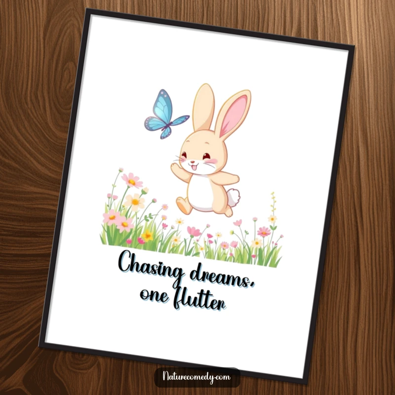 Funny Free Printable Wall Art: a happy bouncing bunny chasing a shimmering butterfly through a colorful wildflower meadow.