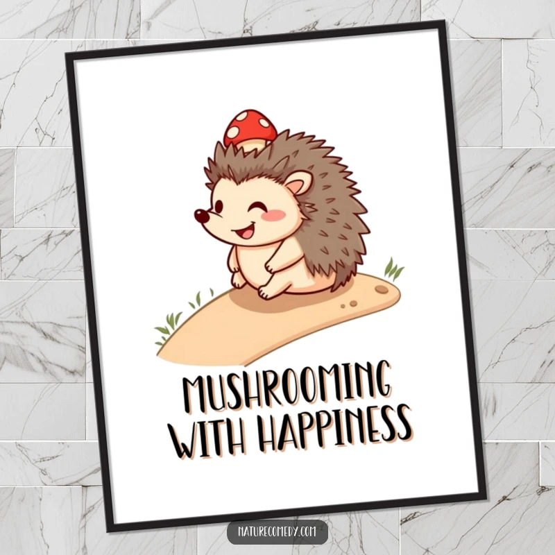 Funny Free Printable Wall Art: a smiling hedgehog rolling downhill with a colorful mushroom cap, radiating pure joy.