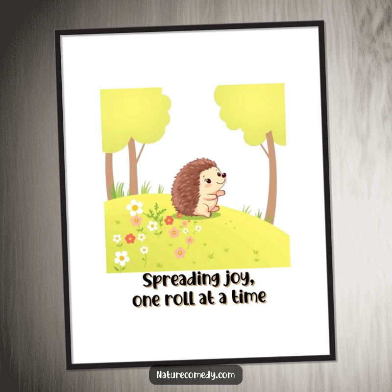 Funny Free Printable Wall Art: A happy little hedgehog rolls down a grassy hill, leaving a vibrant trail of flowers.