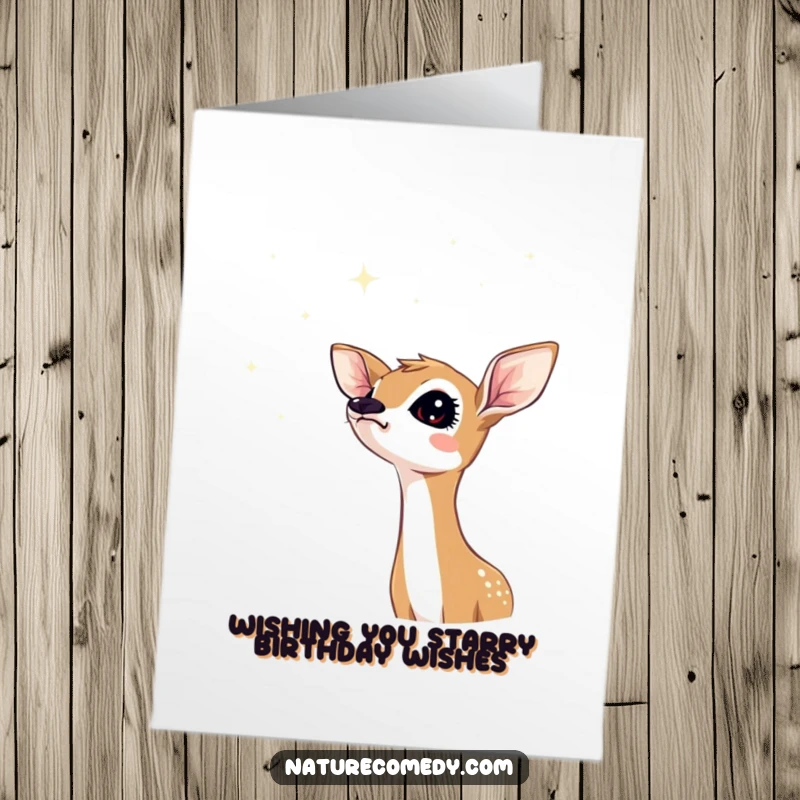 Funny Free Printable Birthday Card: A curious deer fawn tilts its head, looking up at a sky full of stars.