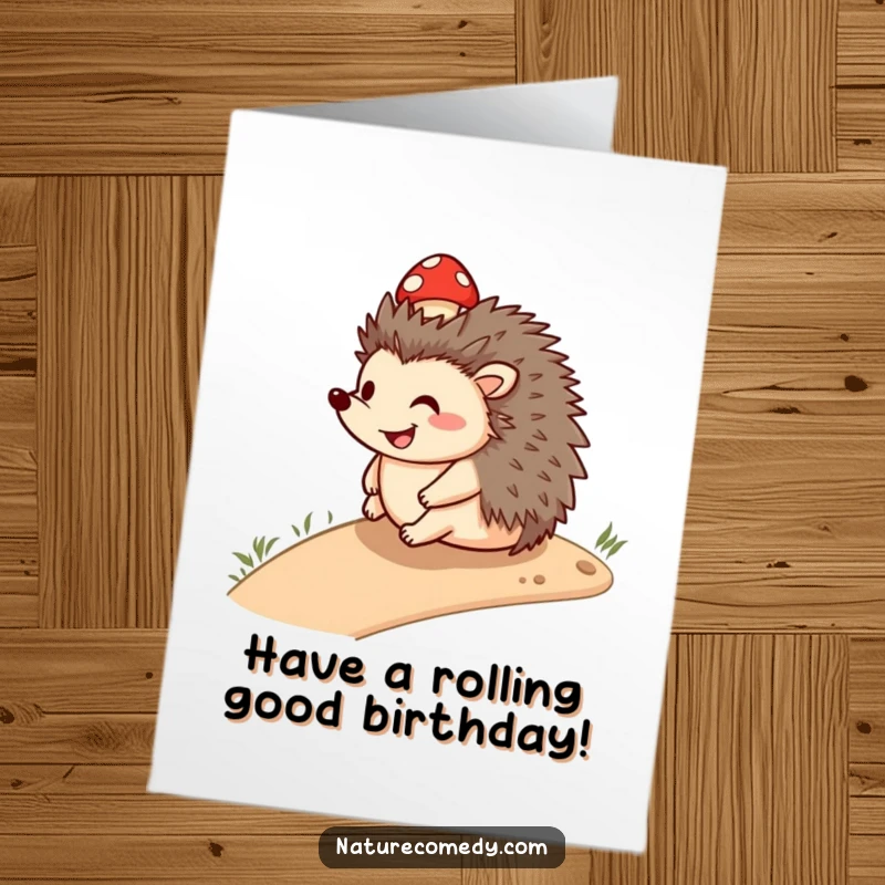 Funny Free Printable Birthday Card: a smiling hedgehog rolling downhill wearing a small, colorful mushroom cap with glee.