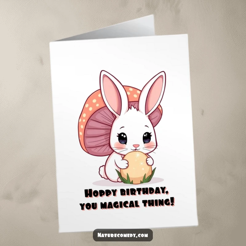 Funny Free Printable Birthday Card: A curious bunny with perked ears sniffs a giant, sparkling mushroom wide-eyed.