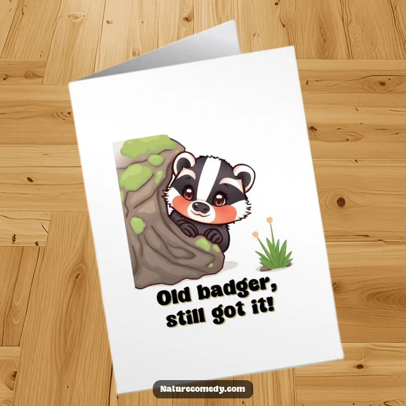 Funny Free Printable Birthday Card featuring a curious badger peeking from behind a mossy log, eyes wide with wonder.