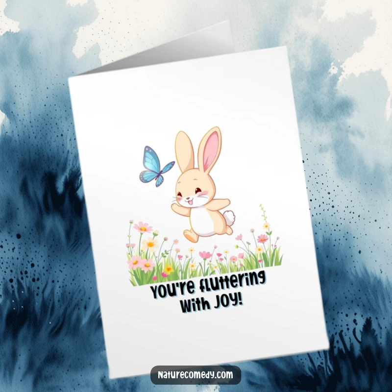 Funny Free Printable Congratulations Card showing a happy bunny chasing a butterfly through a vibrant wildflower meadow.