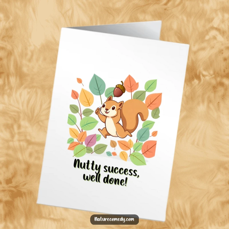 Funny Free Printable Congratulations Card: Tiny squirrel leaping energetically through vibrant autumn leaves, holding a tiny acorn aloft.