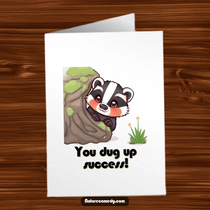 Funny Free Printable Congratulations Card with a curious badger peeking from a log, eyes wide with surprise and wonder.