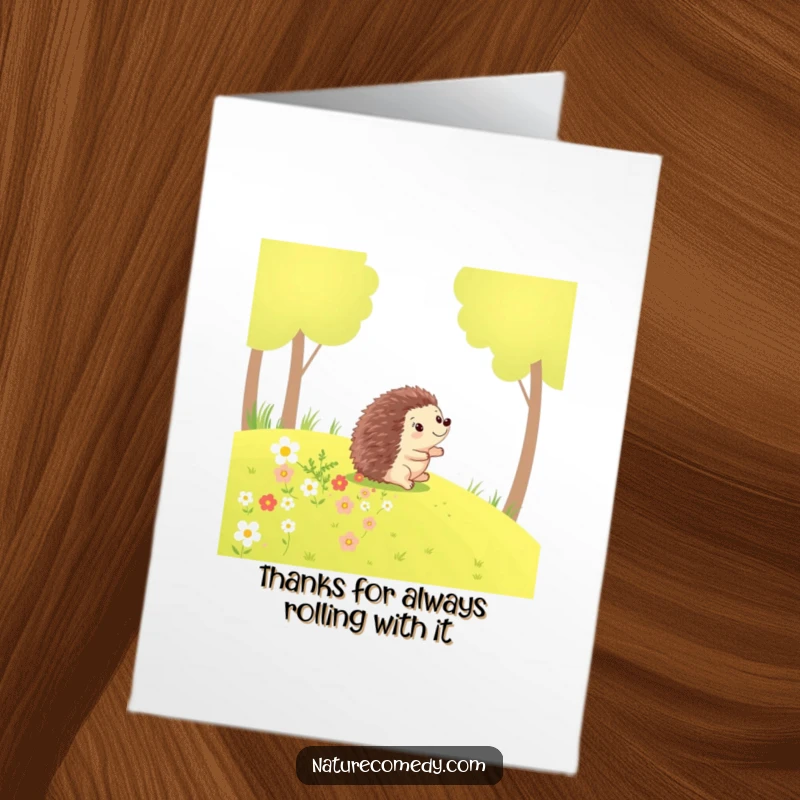 Funny Free Printable Thank You Card: A happy hedgehog rolls downhill, leaving a lovely trail of flowers behind.
