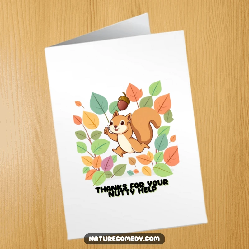 Funny Free Printable Thank You Card: Tiny squirrel leaping energetically through vibrant autumn leaves, holding a tiny acorn aloft.