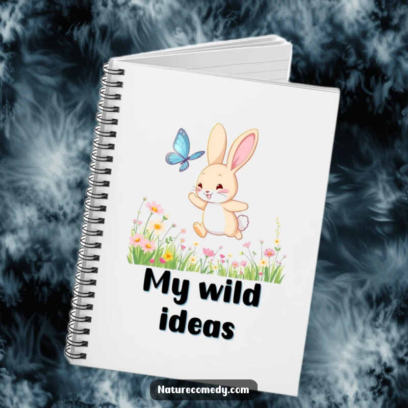 Funny bouncing bunny notebook, chasing a shimmering butterfly through a meadow of wildflowers, perfect for capturing ideas and dreams.