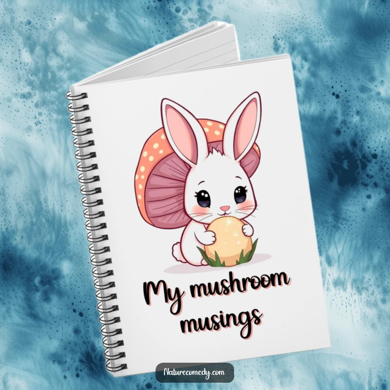 Funny bunny notebook, curious bunny sniffing a sparkling mushroom, ideal for notes and magical scribbles.