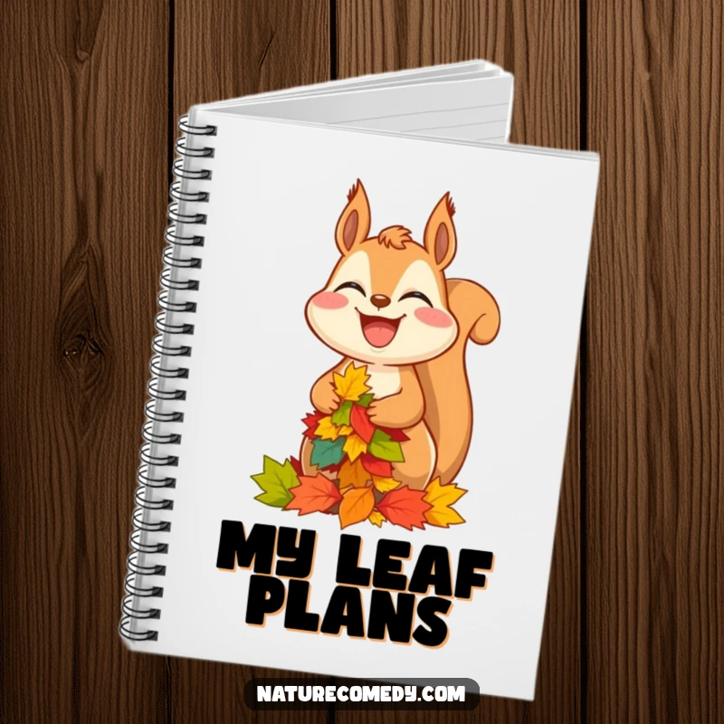 Funny squirrel notebook, a laughing squirrel balancing colorful autumn leaves, perfect for notes and sketches.