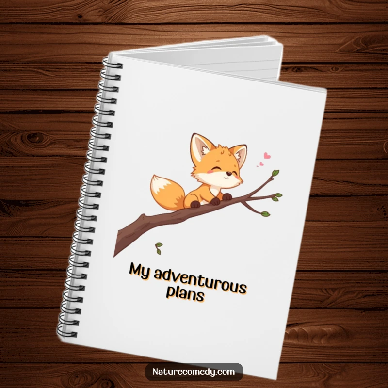 Funny playful fox cub notebook, balancing on a swaying branch, looking at the sky, ideal for capturing thoughts and creative ideas.